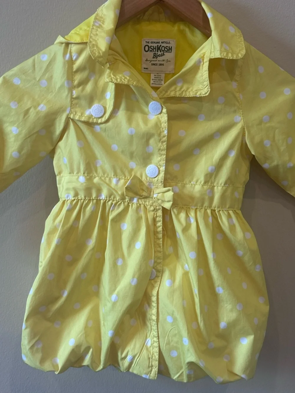 OshKosh B’gosh Yellow White Polka Dot Hooded Rain Jacket Coat Girls Size 4T